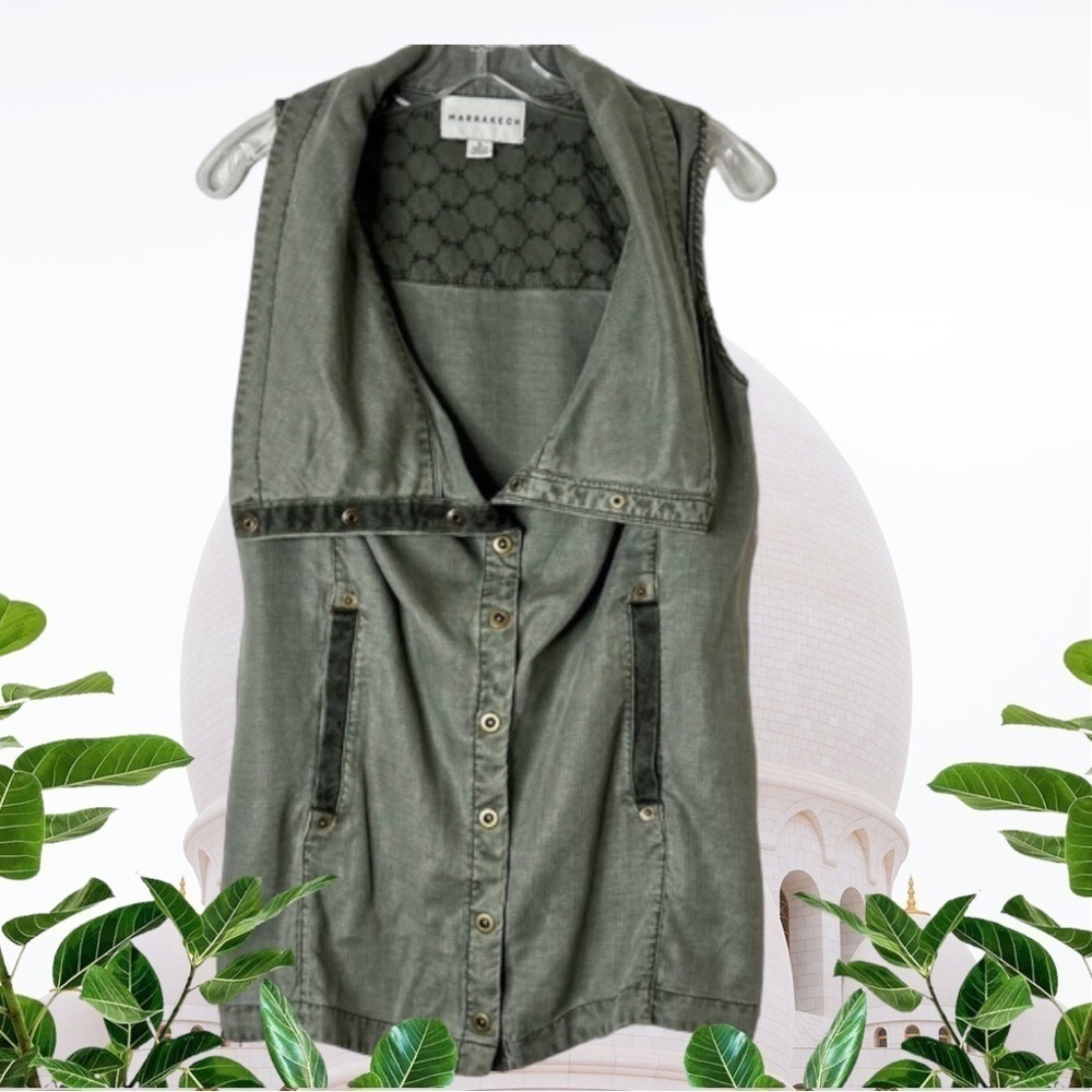 Anthropologie Marrakech Tombolo  Utility Vest Size L Army Green Pockets Snap Up